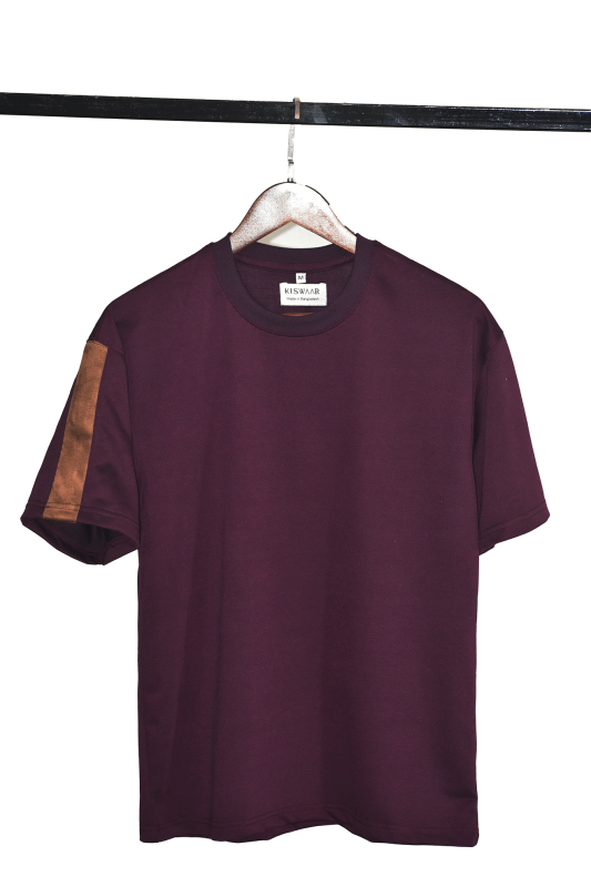 Drop Shoulder Contrast Panel T-Shirt- Maroon