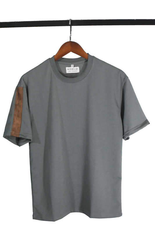 Drop Shoulder Contrast Panel T-Shirt- GRAY ASH